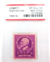 US STAMP #871 1940 3c BRIGHT RED VOILET PSE GRADED XF-SUP 95 MINT OGnh