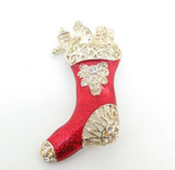 Stunning Silver Tone Red Enamel CZ Festive Stocking Filled with Gifts Brooch
