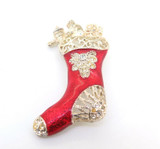 Stunning Silver Tone Red Enamel CZ Festive Stocking Filled with Gifts Brooch