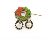 Festive Wreath Colourful Metal Stick Pin & Diamante Encrusted Wreath Earrings