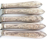 QUALITY VINTAGE MATCHING SET 5 “DRAGON" STERLING SILVER HANDLE LARGE KNIVES.