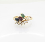Handmade Ruby Sapphire Emerald & Diamond Cluster 14K Gold Ring Size L Val $3945