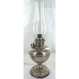 LARGE VINTAGE USA MADE “ROYAL” KEROSENE TABLE LAMP + GLASS FLUE CHIMNEY.