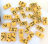 JUST SUPERB / FAUX BONE DOMINO SET WITH CENTRE METAL RIVETS STUNNING INLAID BOX