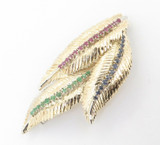 Vintage 18K Gold Sapphire Ruby Emerald Set Fern Leaf Brooch 14.9g Val $7300