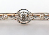 14CT YELLOW / WHITE GOLD, DIAMOND & PEARL DECO STYLE BROOCH VALUATION OF $2700