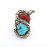 Vintage Sterling Silver Turquoise & Coral Stylised Shape Snake Ring 17.1g