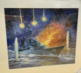 HMAS BRISBANE UNDER FIRE IN VIETNAM by Geoffrey M Vollmer oil Board 59 x 50cm