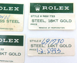 4 OBSOLETE 1980s / 1990s ROLEX OUTER BOX STICKERS. DATEJUST, OYSTER DATE ETC.