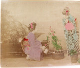 1800s RARE JAPANESE MEIJI PERIOD “YOKOHAMA SCHOOL” PHOTOGRAPH. WATERING FLOWERS