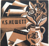 c1930s EX LIBRIS WOODBLOCK PRINT for V S HEWETT by ALLAN JORDAN.