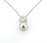 Abstract Sterling Silver Cube Cultured Pearl & CZ Accent Necklace 4.3g