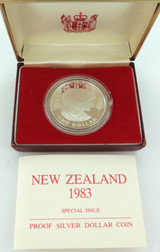 1983 NEW ZEALAND PROOF .925 SILVER $1 + BOX + SPECS