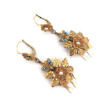 Ornate Handmade Antique Floral Butterfly Earrings with Turquoise & Pearls 6.1g