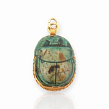 Egyptian Revival 18ct Yellow Gold & Faience Bead Green Scarab Pendant 7.g