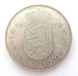1973 NETHERLANDS 10 GULDEN .720 SILVER COIN.