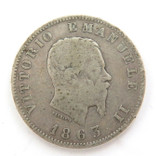 1863 ITALY ITALIAN 1 LIRA COIN M BN .835 SILVER