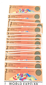 BRISBANE EXPO 88 20 CONSECUTIVE RUNNING $2 EXPO NOTES. EF / aUNC