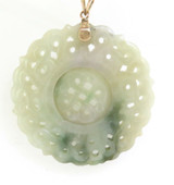 Intricately Carved Circular Jadeite Medallion 14ct Gold Rotating Carved Centre