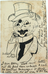 Rare 1901 Australian Hand Drawn in Ink Postcard. Tom Cat with Top Hat.