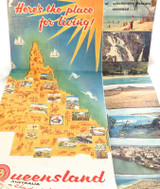 1950s QLD Government Tourist Bureau “Discover Queensland” Large Foldout Brochure