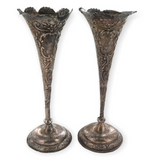 1900 English Sterling Silver Matching Pair Tallish Repousse’ Trumpet Vases.