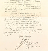 c1936 Letter ex Australian Prime Minister re Book “Talking Points on Australia”.