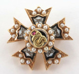 14k GOLD, SEED PEARL & ENAMELLED QUALITY HEAVY SET SMALL LODGE ? BROOCH.