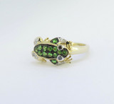 Green Garnet & Diamond Set 14ct Gold Stylized Frog Ring Size N1/2 Val $2690