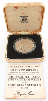 1981 FALKLAND ISLANDS CHARLES & DI STERLING SILVER PROOF 50c + COA.