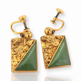 Amazing 10ct Yellow Gold Golden Nugget & Sage Green Jade Screw-on Earrings 14.1g