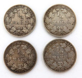 4 x Germany 1/2 Marks 1905 1906 1911 Circulated Coin .900 Silver.