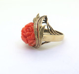Beautiful Vintage 12ct Yellow Gold Carved Coral Rose Ring & Earring Set 16.7g