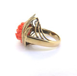 Beautiful Vintage 12ct Yellow Gold Carved Coral Rose Ring & Earring Set 16.7g