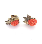 Beautiful Vintage 12ct Yellow Gold Carved Coral Rose Ring & Earring Set 16.7g