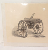 Vintage Poster, 19th C Artillery & Ballistics Etching featuring a Gatling Gun