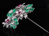 Vintage 3.75ct Diamond, Emerald & Ruby Set Floral 14ct Gold Brooch Val $23900