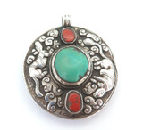 Handmade Repoussé Sterling Silver Tibetan/Nepalese Turquoise & Coral Amulet 43g