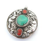 Handmade Repoussé Sterling Silver Tibetan/Nepalese Turquoise & Coral Amulet 43g