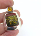 Vintage Handmade Modern Style Sterling Silver & Amber Resin Pendant 6.9g