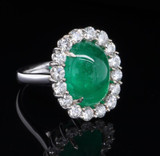 7.30ct Bright Green Cabochon Emerald & Diamond Halo 18ct Gold Ring SzM Val$59500