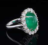 7.30ct Bright Green Cabochon Emerald & Diamond Halo 18ct Gold Ring SzM Val$59500