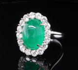 7.30ct Bright Green Cabochon Emerald & Diamond Halo 18ct Gold Ring SzM Val$59500