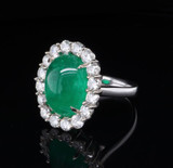 7.30ct Bright Green Cabochon Emerald & Diamond Halo 18ct Gold Ring SzM Val$59500