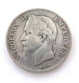 1869 France 2 Francs .835 Silver Coin. Specs 27mm 9.9g.