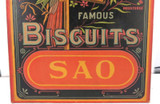 Rare c1915 Arnotts Sao Biscuits Multiplate Colour Woodcut on Board Shop Sign.