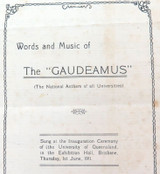 1st June, 1911 Inauguration Ceremony University of QLD “GAUDEAMUS” Sheet Music.