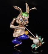 Vintage Large Golfing Hare 14ct Gold Enamel Brooch Val $3810
