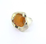 Modernist Organic Sterling Silver & Mexican Fire Opal Heavy Sculptural Ring 32g