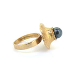 Retro 1970's Signed Stigbert 18ct Yellow Gold & Black Pearl Ring 8.2g Size K